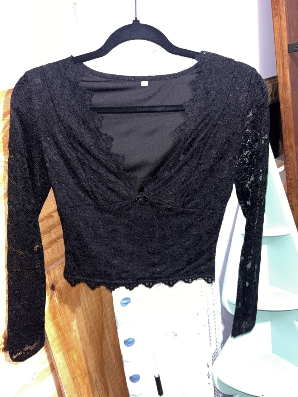 Black Lace V-Neck Long Sleeve Blouse - Women